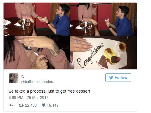 Друзья разыграли фальшивое свадебное предложение, чтобы получить бесплатный десерт в ресторане