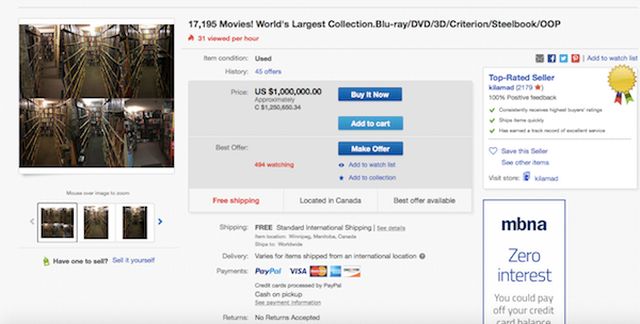На интернет-аукционе продают коллекцию фильмов за 1 млн долларов 