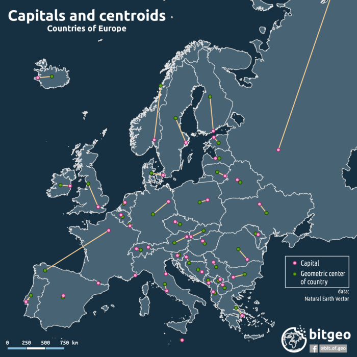 Расположение столиц и геометрических центров стран Европы