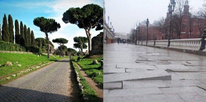 Слева — Аппиева дорога в Риме. Камни уложены при Аппии Клавдии в 312 году до н.э.