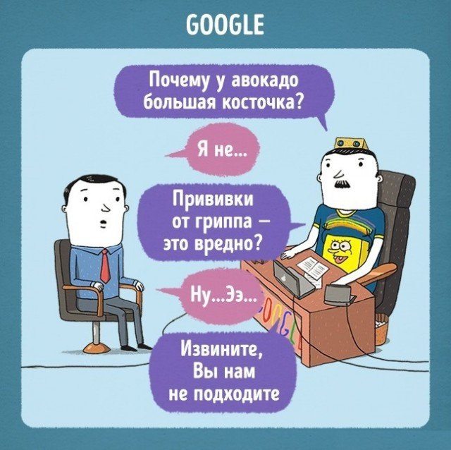 Комиксы Леонида Кана про собеседования в разных компаниях