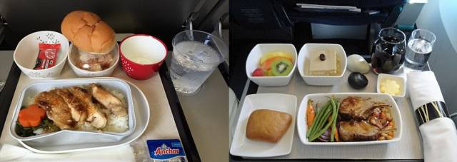Обеды пассажиров эконом-класса и бизнес-класса в разных авиакомпаниях