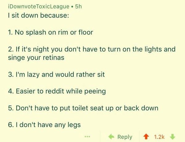 Пользователь Reddit объясняет почему он писает сидя..
