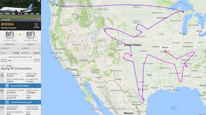 Boeing 787 Dreamliner нарисовал очертания гигантского самолета своим маршрутом