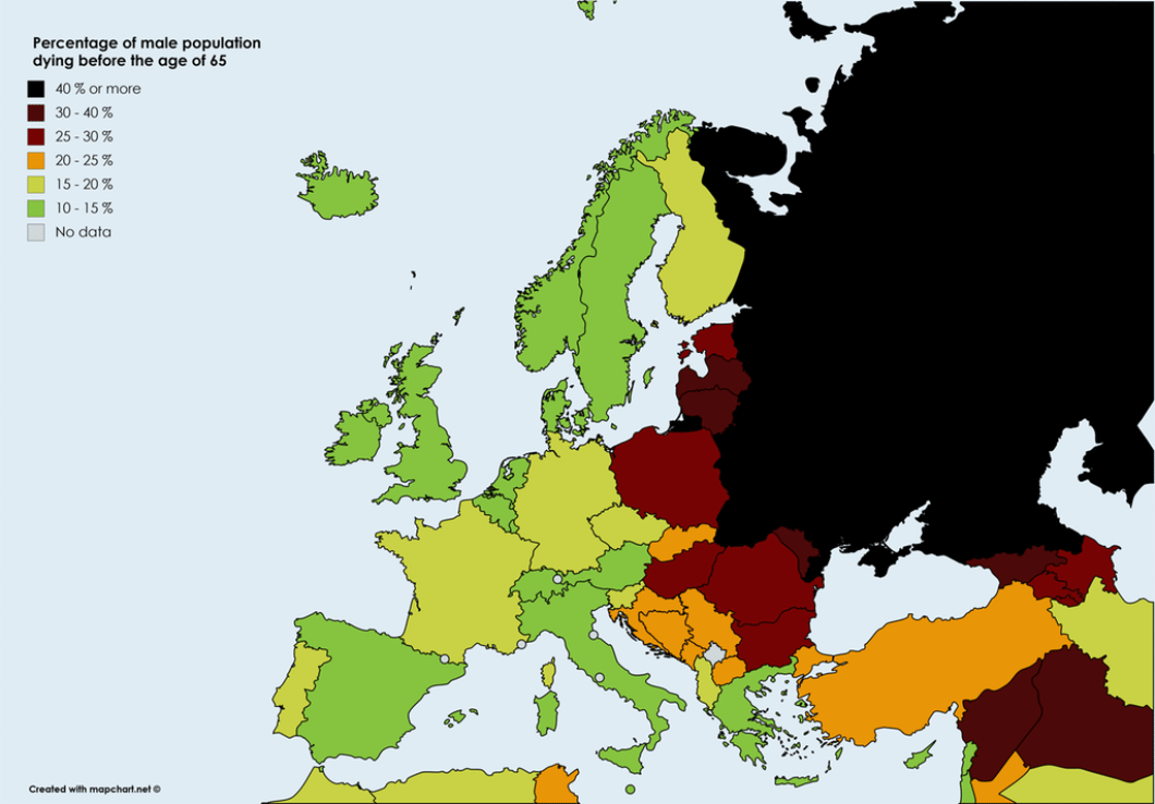 Процент мужчин Европы, не доживающих до 65 лет