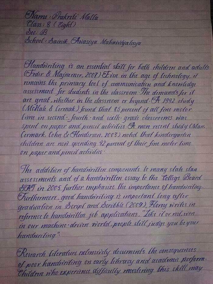 Почерк ученицы 8 класса из Непала признан лучшим почерком в мире.