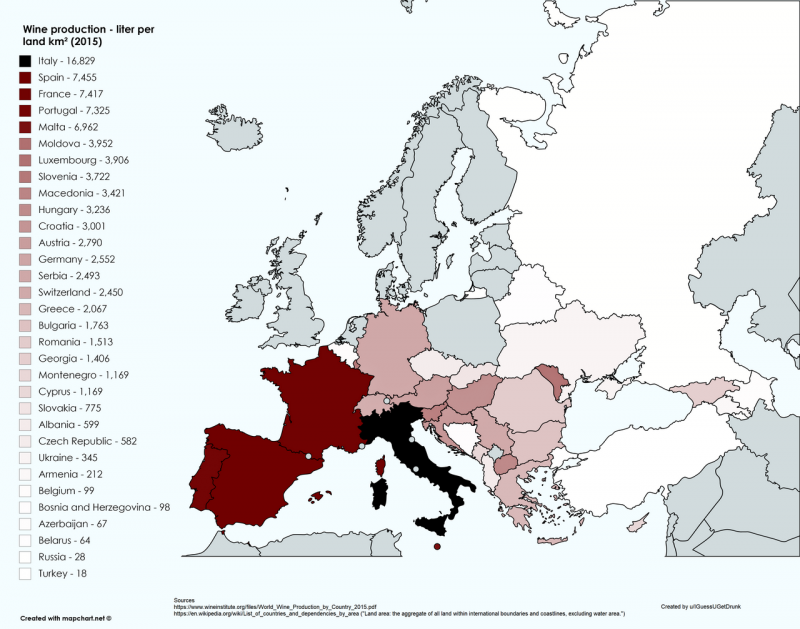 Винное производство в Европе:в литрах на км²(2015)