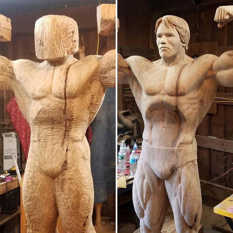 Скульптор создал деревянную скульптуру Арнольда Шварцнеггера во весь рост