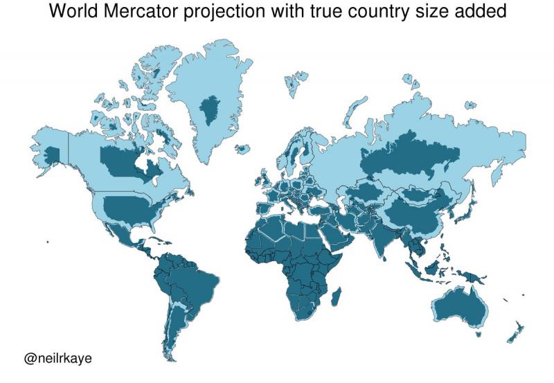 Площадь стран если убрать искажение на карте Меркатора