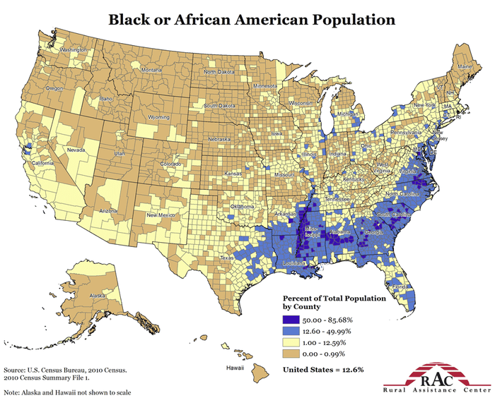 Плотность чернокожего населения США в процентах по регионам