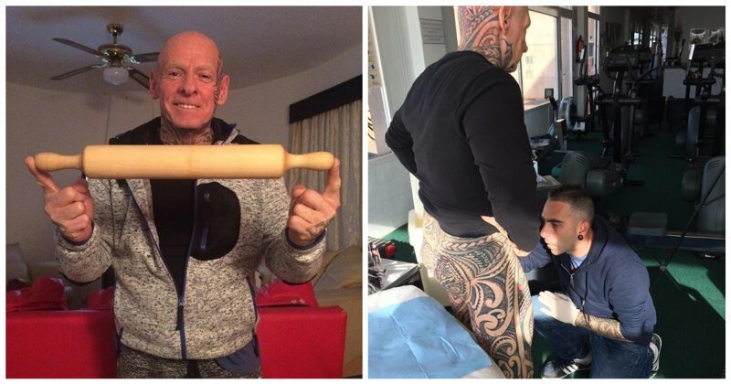 61-летний бодибилдер намотал свой пенис вокруг скалки, чтобы сделать на нём татуировку