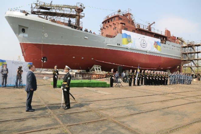 Спуск на воду нового среднего разведывательного корабля пр. 502ЭМ ПАО «Кузня на Рыбальском» для ВМСУ