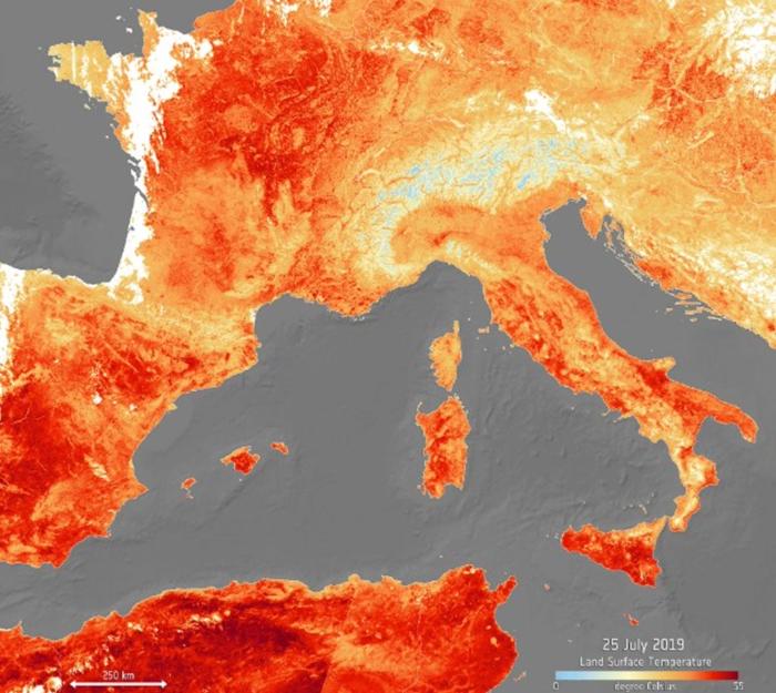 Температурная карта Европы 25 июля 2019 года