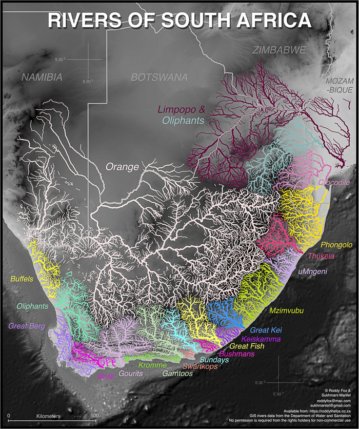 Карта речных бассейнов и систем Южной Африки.