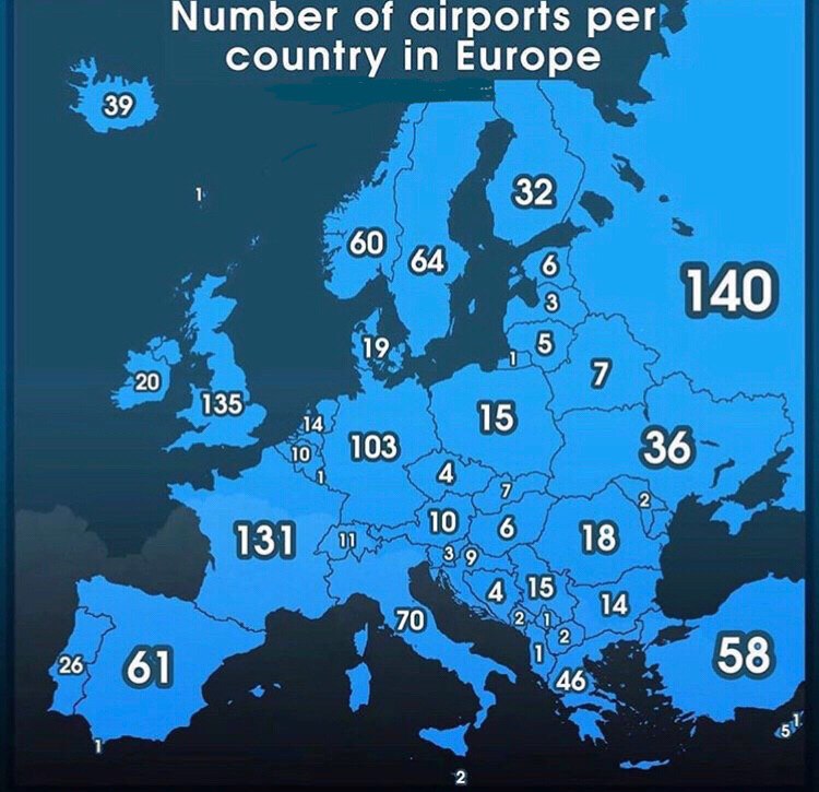 Число аэропортов в странах Европы