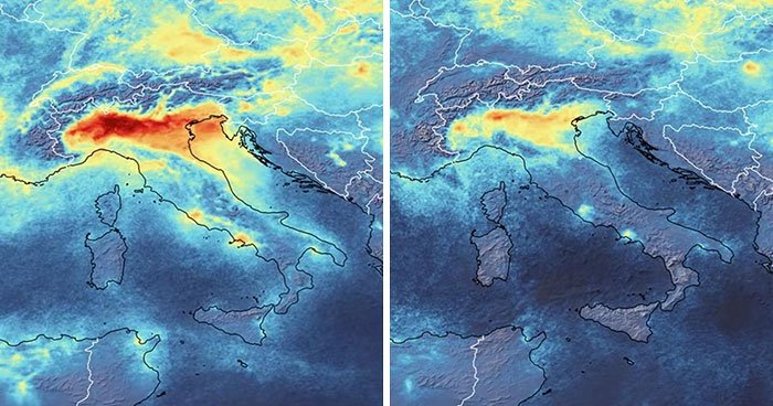 Спутниковые снимки показывают резкое снижение уровня загрязнения во время карантина в Италии