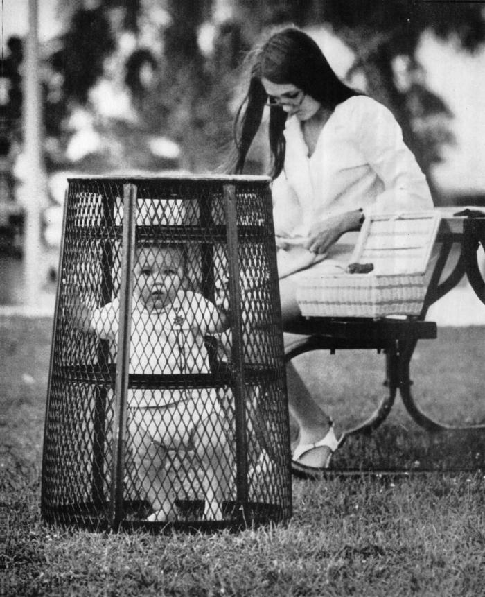 Девушка накрыла ребенка мусорной корзиной, чтобы тот не уполз, пока она занята вязанием, США, 1969 год