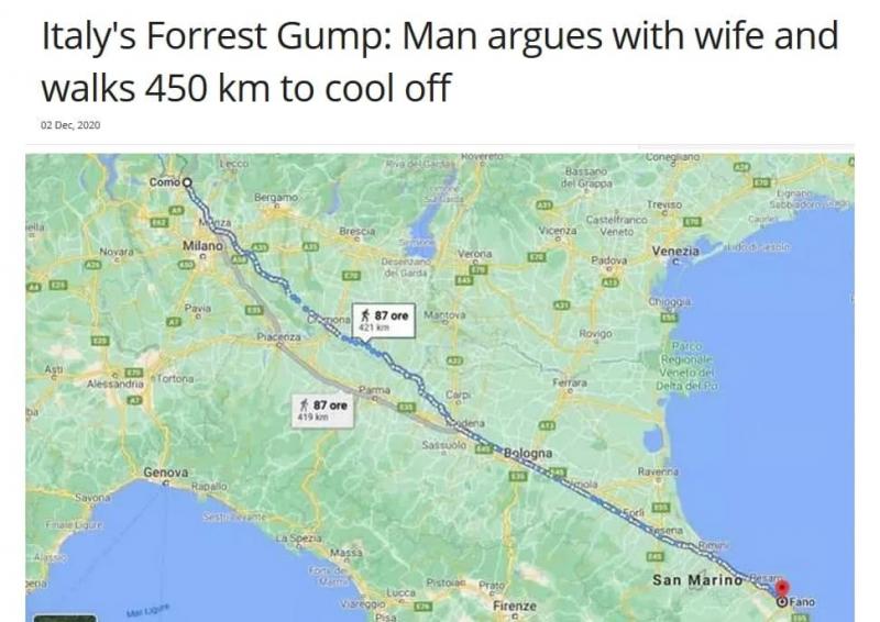 Итальянец вышел прогуляться, чтобы остыть после ссоры с женой, и прошёл 450 км