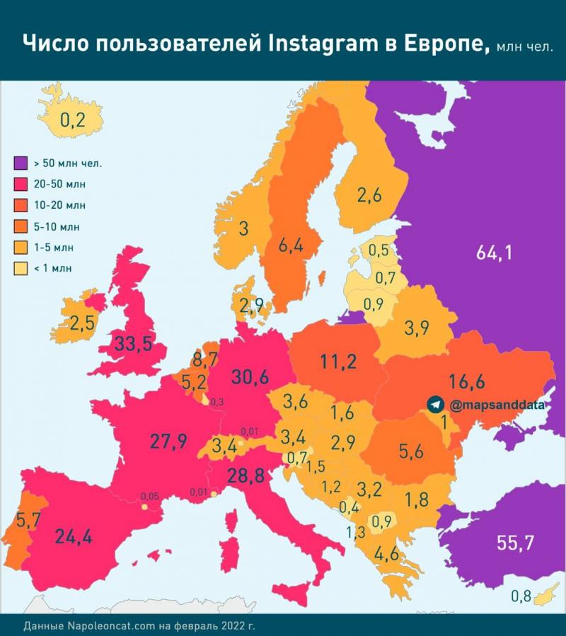 Число пользователей Instagram в Европе