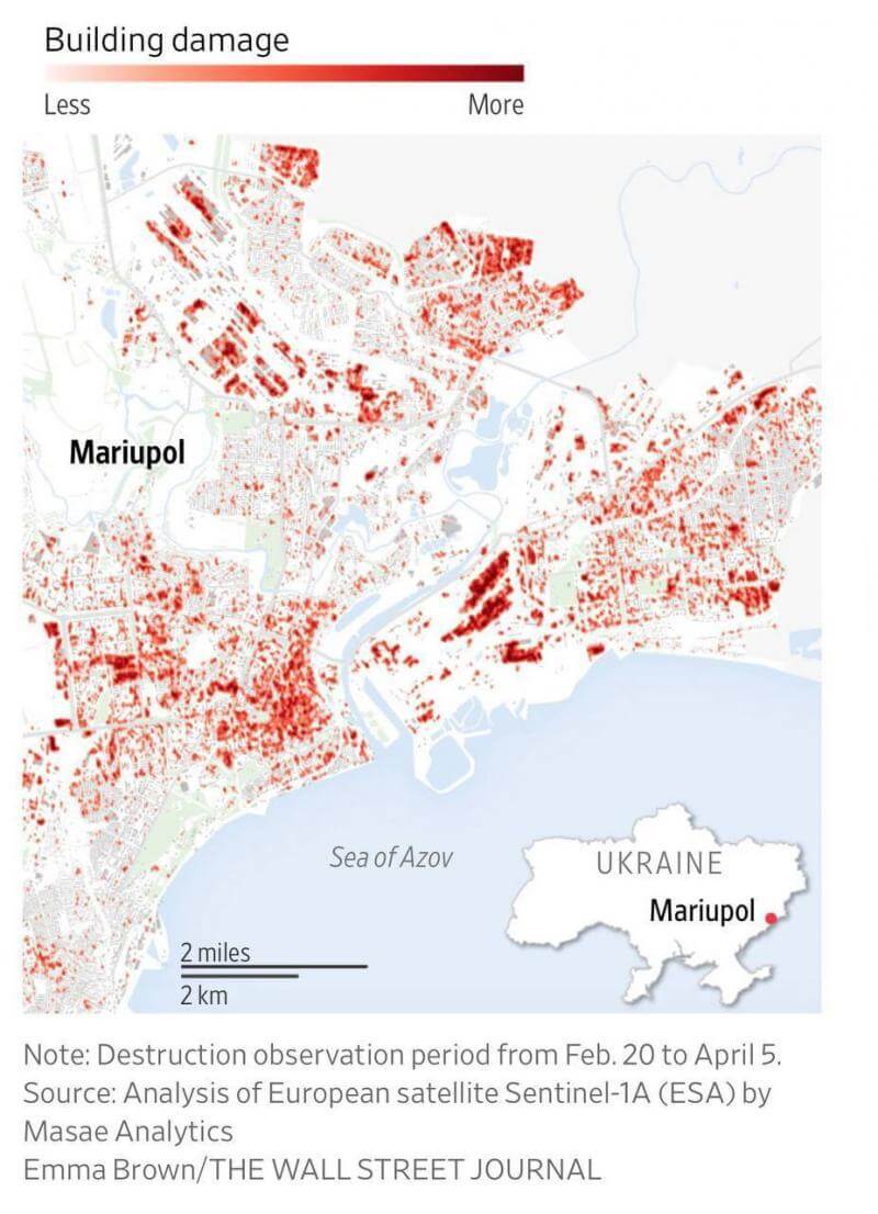 Карта повреждённых строений в Мариуполе, - Wall Street Journal