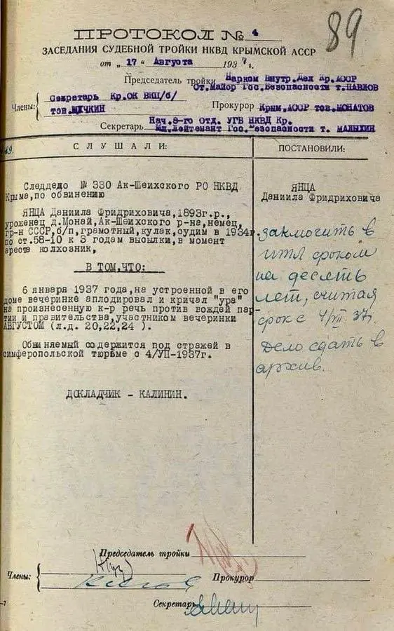 Протокол заседания судебной тройки НКВД Крымской АССР. 17 августа 1937 г.