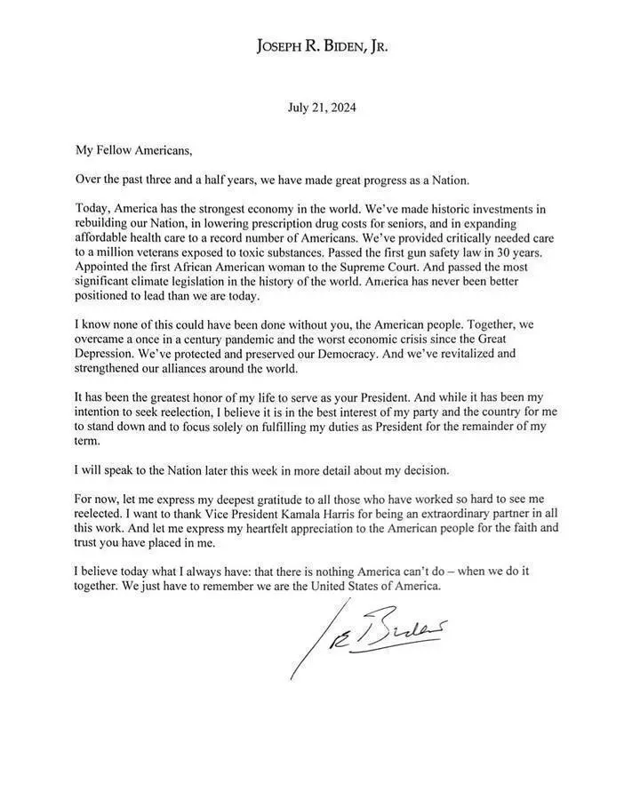 Джо Байден объявил о снятии своей кандидатуры с выборов президента США