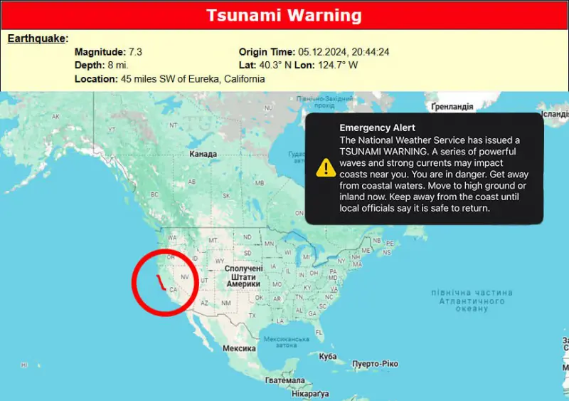 В США угроза цунами: мощное землетрясение в 7,3 балла произошло у побережья штата Калифорния, — National Weather Service