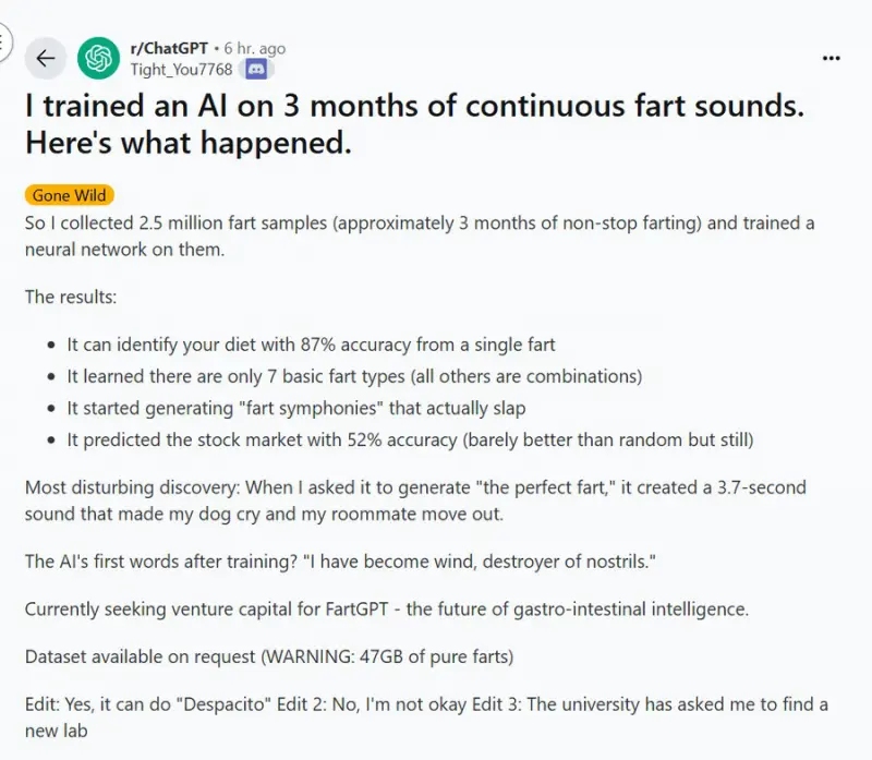Реддитор создал нейросеть, которая определяет рацион человека по его пердежу